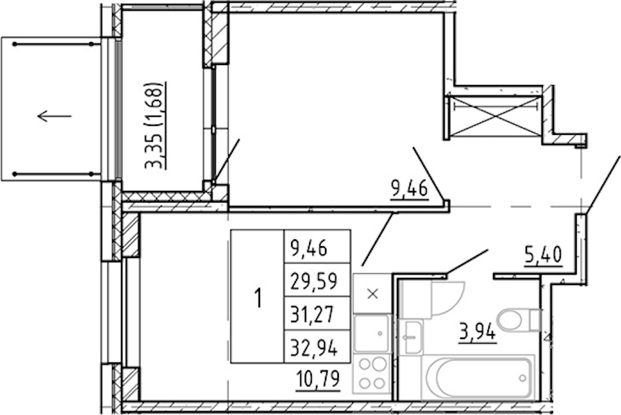 1-комнатная квартира 29.59 м², 2/12 эт., ЖК «Полис Новоселье»
